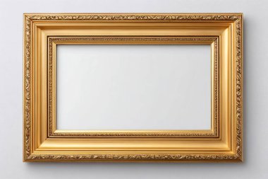 Beyaz bir duvara asılı boş altın süsleme çerçeve, resim veya fotoğraf sergilemek için ideal. Yapay zeka üretken