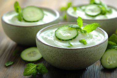 Taze nane ve salatalık dilimleri ile süslenmiş taze salatalık çorbası, hafif bir yemek veya aperatif için mükemmel. Yapay zeka üretken