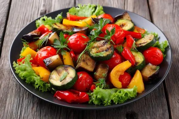 Kabak, patlıcan, domates, dolma biber ve otlar gibi ızgara sebzeler ahşap bir masada marul ile birlikte siyah bir tabakta servis edilir. Yapay zeka üretken