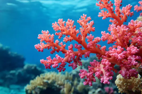 Güzel, pembe bir mercanın, el değmemiş bir sualtı ortamında geliştiği yakın plan. Yapay zeka üretken