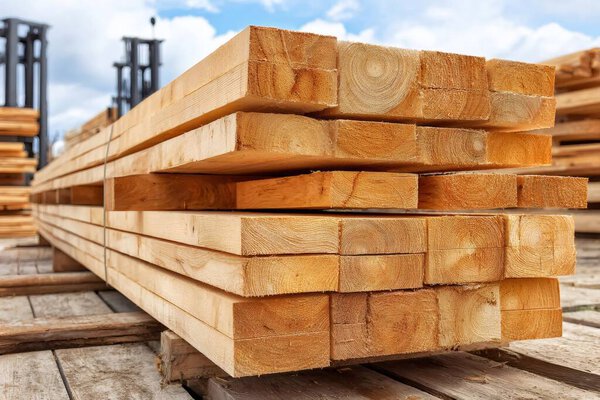Wooden planks stacked neatly, showcasing the natural beauty and texture of timber in a lumber yard. AI generative