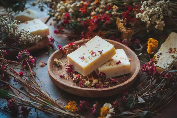 Kurumuş çiçeklerle süslenmiş iki organik sabun, kurumuş çiçekler ve otlarla çevrili küçük bir ahşap tabağa yerleştiriliyor ve kırsal ve doğal bir spa ortamı yaratıyor. Yapay zeka üretken