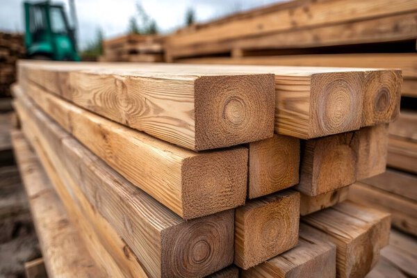 Wooden square logs are stacked, creating a geometric pattern, at a lumber yard, ready for construction or woodworking projects. AI generative