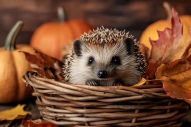 Balkabaklarıyla ve renkli sonbahar yapraklarıyla çevrili sepetin içinde dinlenen sevimli kirpi, samimi bir düşüş sahnesi yaratıyor. Yapay zeka üretken
