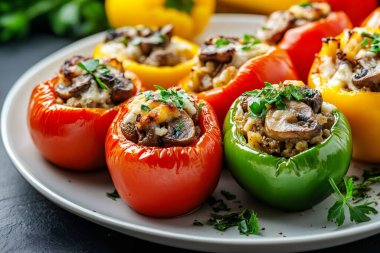 Et, pirinç, mozzarella ve mantarla doldurulmuş lezzetli biberler fırında pişirilmiş ve taze maydanozla süslenmiş. Yapay zeka üretken