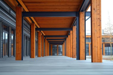 Metal kirişleri ve ahşap tavanı olan modern bir binayı destekleyen tahta sütunlar. Yapay zeka üretken