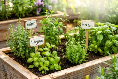 Nane, kekik ve fesleğen gibi otlar yükseltilmiş bahçe yataklarında serpilerek sıcak güneş ışığının tadını çıkarırlar. Yapay zeka üretken