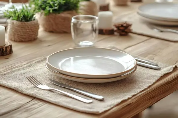 Köy sofrası konukları bekliyor, servis kapları, boş tabaklar ve şenlikli dekorasyonlarla birlikte. Yapay zeka üretken