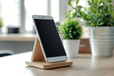 Ofis masasındaki ahşap telefon tutacağının üzerinde duran, arka planda bitkiler olan, kullanışlı ve şık bir çalışma alanı düzeneği olan akıllı telefon. Yapay zeka üretken
