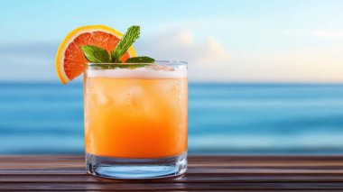 Buzlu bir bardak portakal kokteyli, greyfurt dilimi ve okyanus manzaralı ahşap bir masada nane. Yapay zeka üretken