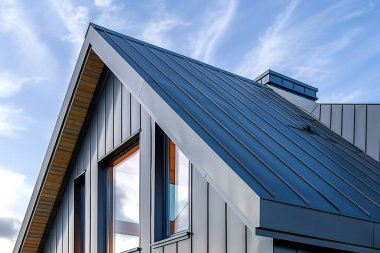 Metal çatı ve yan kaplama bir evin üzerinde çağdaş ve dayanıklı bir dış görünüm yaratıyor. Yapay zeka üretken