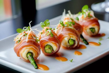 Prosciuttoya sarılmış lezzetli kuşkonmaz, mikro yeşilliklerle süslenmiş, canlı bir sos serpiştirilmiş, ve beyaz dikdörtgen bir tabakta servis edilmiş, zarif bir aperatif oluşturuyor. Yapay zeka üretken