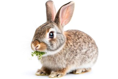 Güzel yavru tavşan taze yonca filizlerinin tadını çıkarıyor, bembeyaz. Yapay zeka üretken