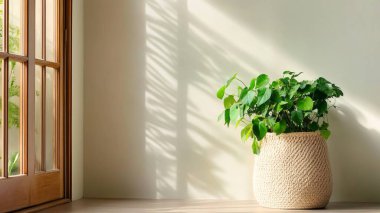 Yeşillik saksı bitkisi modern bir iç mekâna biraz doğa katıyor. Yakınlardaki bir pencereden süzülen güneş ışığı duvarda güzel gölgeler oluşturuyor. Yapay zeka üretken