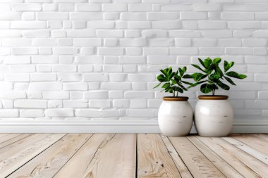 Kestane yaprağı incir bitkileri beyaz tuğla duvara karşı duruyor modern iç mekanda rahat ve şık bir atmosfer yaratıyor. Yapay zeka üretken