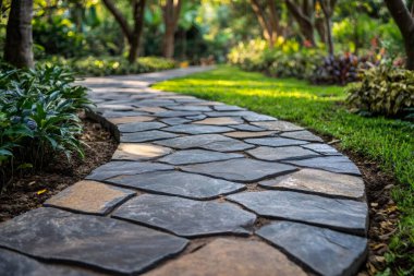 Huzurlu bahçe yolu taşlarla döşenmiş, sakin bir atmosfer yaratıyor. Yapay zeka üretken