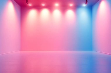 Pembe ve mavi neon ışıklar boş bir odayı aydınlatarak canlı ve modern bir atmosfer yaratıyor. Yapay zeka üretken