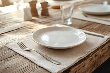 Güneş ışığı boş bir tabak, çatal ve bıçağı kırsal bir ahşap masa üzerinde zarif bir şekilde yerleştirerek huzurlu bir yemek atmosferi yaratır. Yapay zeka üretken