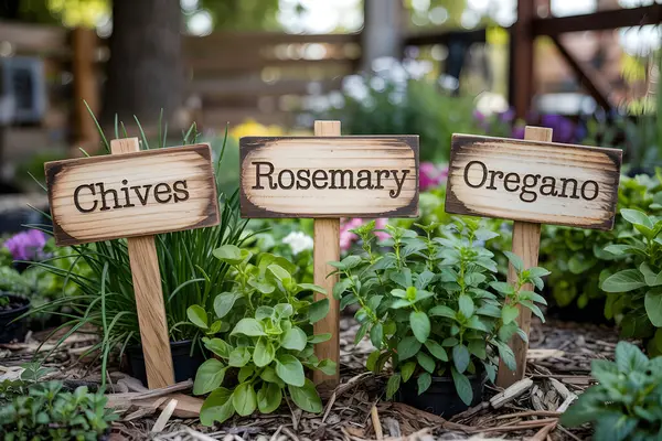 Frenk soğanı, biberiye ve keklik otları, isimlerini gösteren ahşap tabelalarla dolu bir bahçede yetişiyor. Yapay zeka üretken
