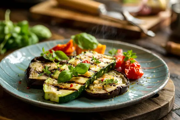 Cızırdayan ızgara kabak ve patlıcan dilimleri, baharat ve otlarla tatlandırılmış, rustik bir tabakta kızartılmış domatesle servis edilerek sağlıklı ve lezzetli bir vejetaryen yemeği meydana getiriliyor. Yapay zeka üretken