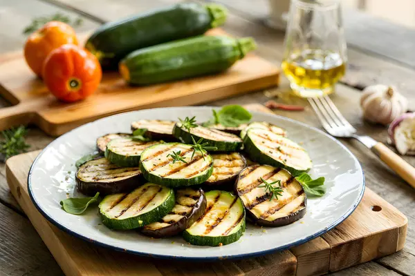 Biberiye ve zeytinyağıyla tatlandırılmış ızgara kabak ve patlıcanın sadeliğinin tadını çıkarın. Sağlıklı ve lezzetli bir yemek oluşturur. Yapay zeka üretken