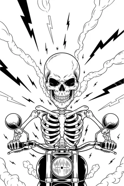 Şimşek ve duman arasında motosiklet süren iskelet, güçlü ve keskin bir illüstrasyon yaratır. Yapay zeka üretken