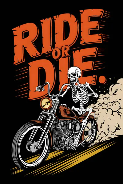 İskelet motosikletli eski model bir motosiklet sürücüsü. Büyük bir ön tekerleği var. Ya sür ya da öl sloganı. Yapay zeka üretken