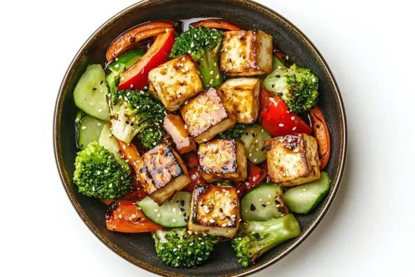 Susam aromalı tofu ve sebze tabağı koyu bir kasede servis edilir, sağlıklı ve lezzetli bir yemek sunulur. Yapay zeka üretken