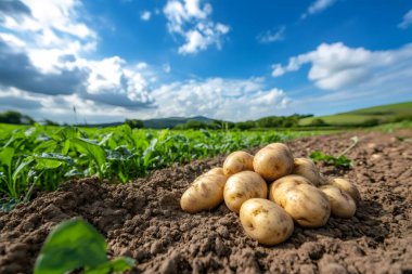 Toprakta yatan organik patates yığını. Bulutlu mavi gökyüzünün altında ekilmiş bir tarlada. Yapay zeka üretken