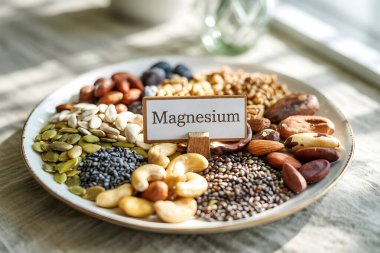 Sağlıklı beslenmeyi teşvik eden ve dengeli bir diyette minerallerin önemini vurgulayan bir tabakta bulunan magnezyum zengini yiyecekler. Yapay zeka üretken