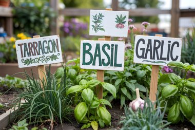 Ev bahçesinde yetişen taze otlar ve her bitkinin üzerinde ahşap işaretler var. Yapay zeka üretken
