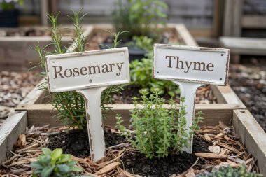 Bahçe yatağında büyüyen küçük biberiye ve kekik bitkileri. Yapay zeka üretken
