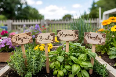 Bahçe yatağında yetişen taze bitkiler ve tahta bitkiler. Yapay zeka üretken