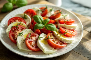 Taze domatesli lezzetli caprese salatası, mozzarella peyniri, fesleğen ve kekik, beyaz bir tabakta düzenlenmiş, canlı ve iştah açıcı bir yemek yaratıyor. Yapay zeka üretken