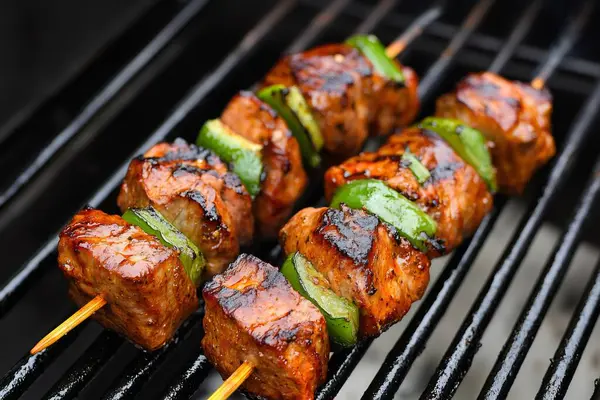 Et ve sebzelerle ızgara yapılan leziz barbekü şişleri. Yapay zeka üretken