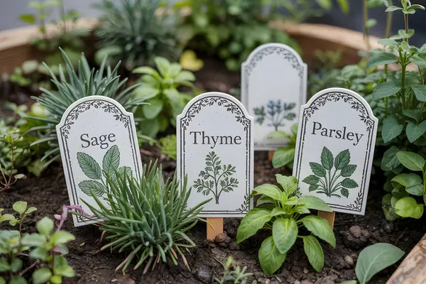 Ev bahçesinde yetişen farklı otları gösteren küçük işaretler. Yapay zeka üretken