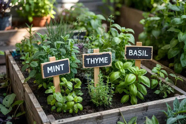 Taze nane, kekik ve fesleğen, yükseltilmiş bir bahçe yatağında yetişir. Mutfak zevkleri için güzel kokulu ve lezzetli bir hasat sunar. Yapay zeka üretken
