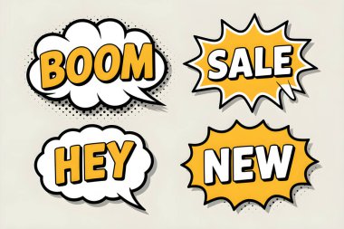 Dört retro komik konuşma balonu, hey, satış ve içinde yeni, perakende ve pazarlama için kullanışlı. Yapay zeka üretken
