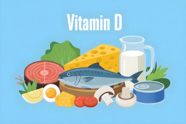 Sağlıklı ve güçlü kemiklerin korunması için gerekli olan D vitamini içeren çeşitli yiyecekler.
