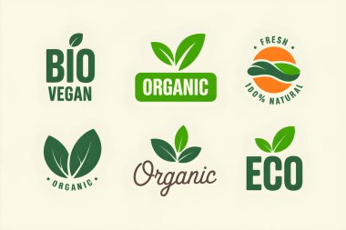 Sağlıklı gıda ve yaşam tarzı için organik, vegan, eko, biyolojik ve doğal ürünleri temsil eden yeşil yaprak logoları