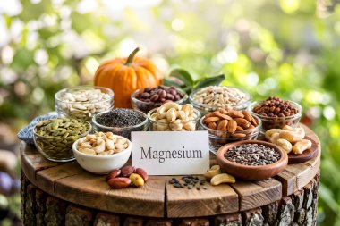 Kabak çekirdeği, chia tohumu, badem, kaju ve balkabağı gibi çeşitli magnezyum zengini yiyecekler sağlıklı yaşam tarzını teşvik ediyor.