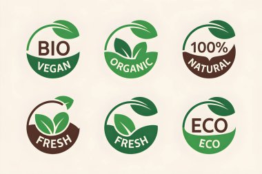 Sağlıklı yaşam tarzını destekleyen doğal, organik, vegan, biyolojik, eko ve taze gıda ürünleri için vektör simgeleri