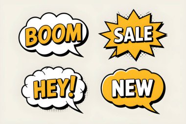 Dört retro komik konuşma baloncuğu içinde bum, hey, satış ve yeni, reklam ve pazarlama için kullanışlı