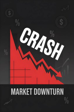 Düşen kırmızı grafik, piyasa çöküşünü, düşüşü ve finansal krizi gösteriyor, yüzde ve dolar işareti ile