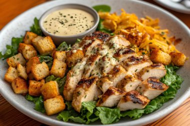 Izgara tavuk göğsü, dilimlenmiş ve kıtır kıtır marul, dilimlenmiş peynir ve kremalı sosla servis edilmiş.