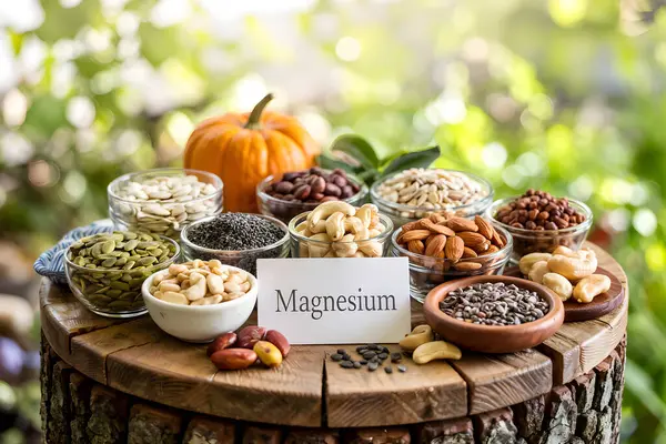 Kabak çekirdeği, chia tohumu, badem, kaju ve balkabağı gibi çeşitli magnezyum zengini yiyecekler sağlıklı yaşam tarzını teşvik ediyor.