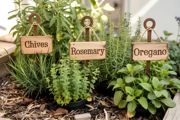 Taze soğanlar, biberiye ve keklik otları bir bahçe yatağında serpilmiş, sade ahşap keçeli kalemlerle tanımlanmış.