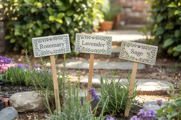 Bahçede yetişen biberiye, lavanta ve adaçayı etiketli dekoratif seramik bitkiler