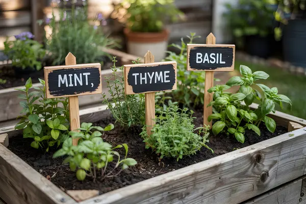 Taze nane, kekik ve fesleğen, yükseltilmiş bir bahçe yatağında gelişir. Mutfak yaratımına lezzetli katkı vaad eder.