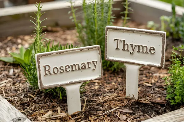 Bahçe yatağında biberiye ve kekik yetişiyor.